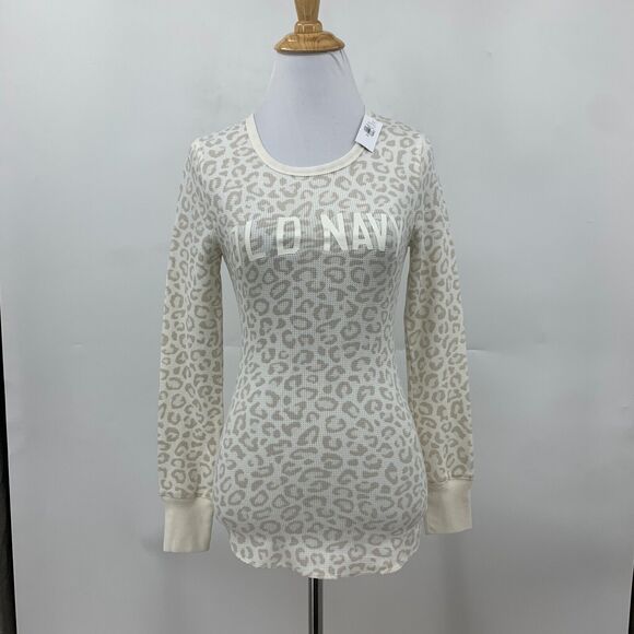 Old Navy Thermal Shirt Women XS Cream Leopard Print Waffle Knit Cuff Long Sleeve - Picture 2 of 15